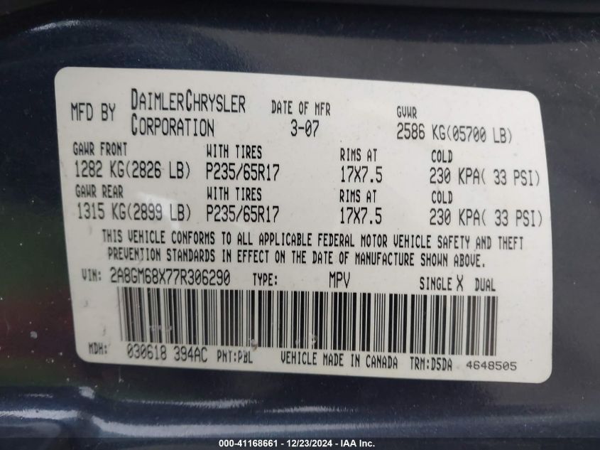 2007 Chrysler Pacifica Touring VIN: 2A8GM68X77R306290 Lot: 41168661