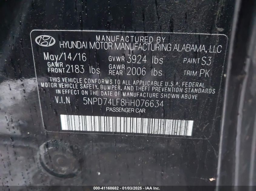 VIN 5NPD74LF8HH076634 2017 Hyundai Elantra, SE no.9