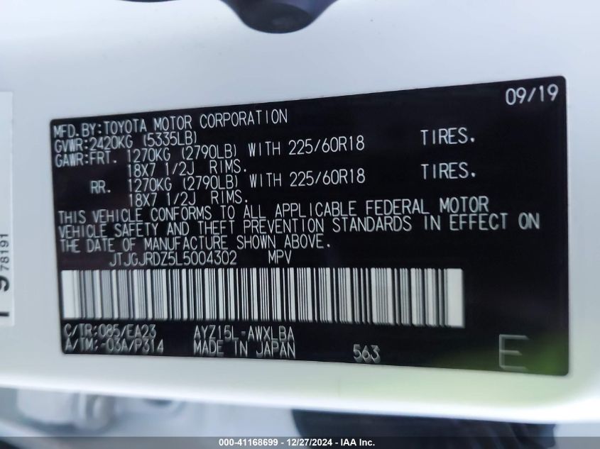 VIN JTJGJRDZ5L5004302 2020 Lexus NX, 300H no.9