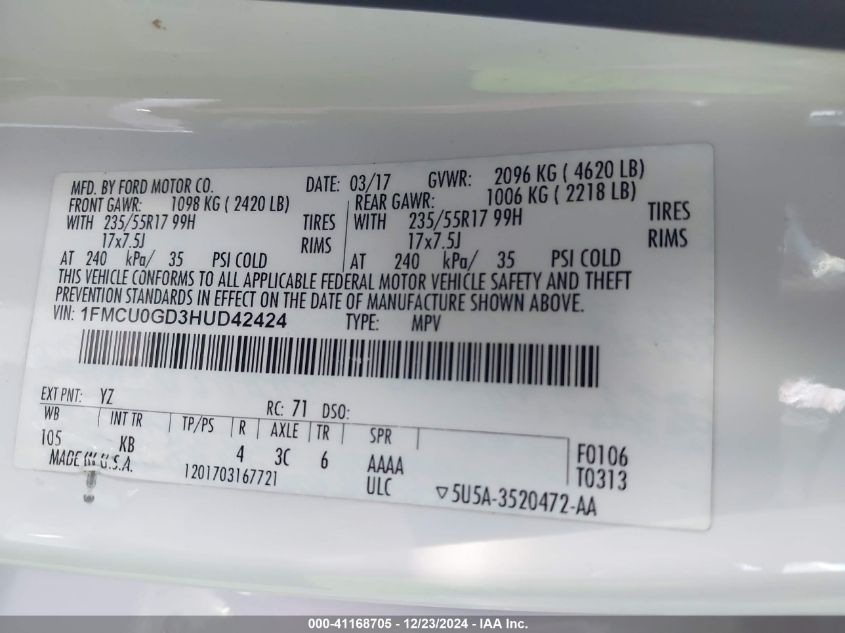 VIN 1FMCU0GD3HUD42424 2017 Ford Escape, SE no.9