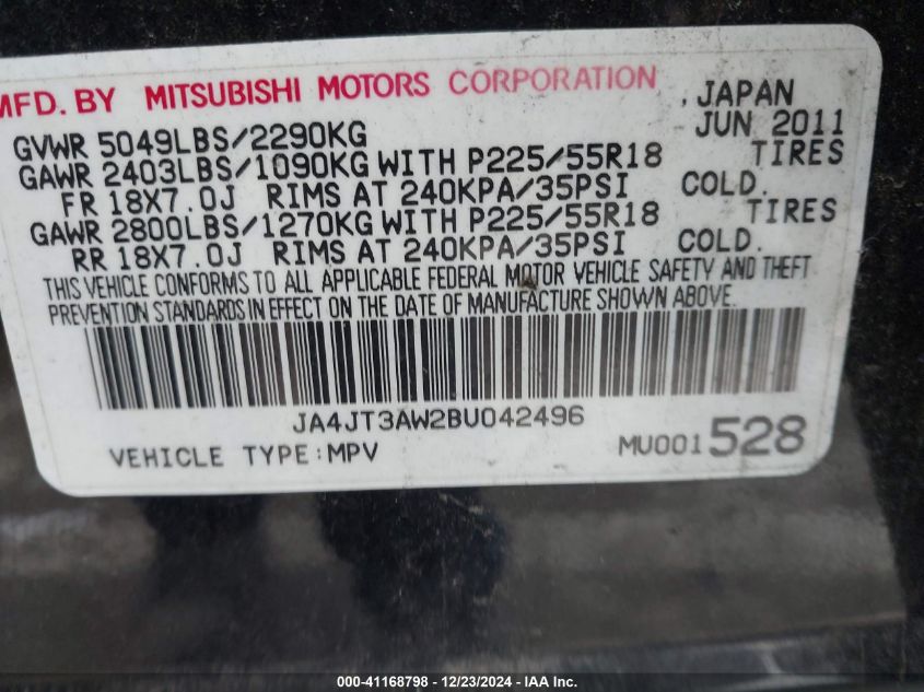 2011 Mitsubishi Outlander Se VIN: JA4JT3AW2BU042496 Lot: 41168798