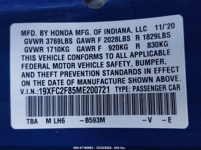 VIN 19XFC2F85ME200721 2021 HONDA CIVIC no.9