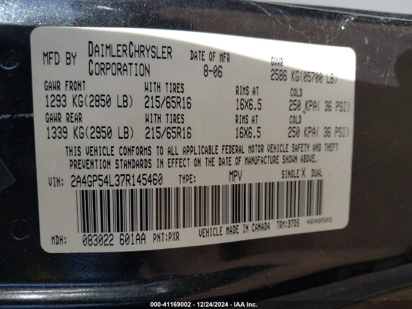 2007 Chrysler Town And Country VIN: 2GP54L37R145460 Lot: 41169002