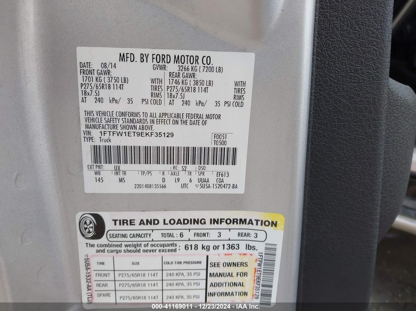 2014 FORD F150 VIN: 1FTFW1ET9EKF35129