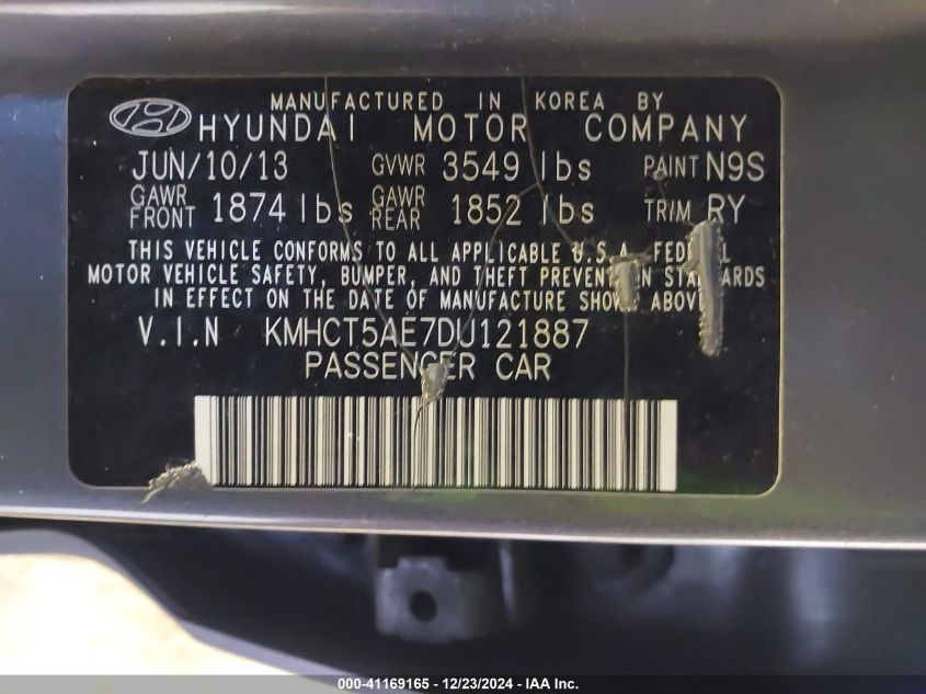 VIN KMHCT5AE7DU121887 2013 Hyundai Accent, GS no.9