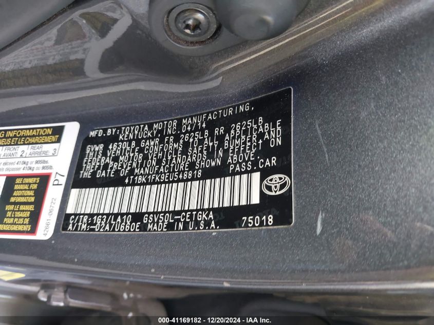 2014 TOYOTA CAMRY VIN: 4T1BK1FK9EU548818