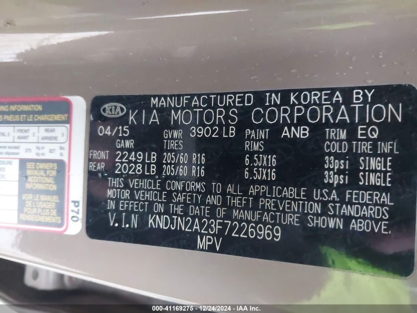 VIN KNDJN2A23F7226969 2015 KIA SOUL no.9