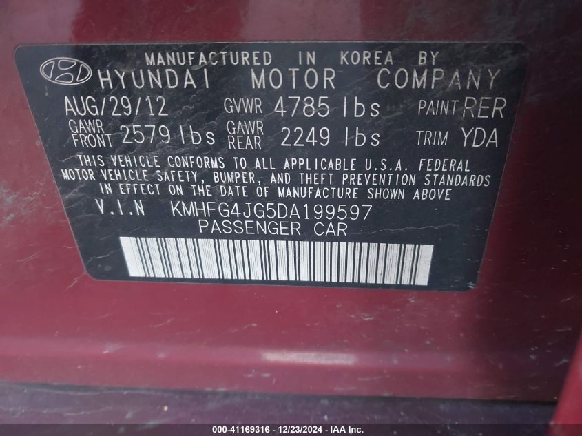 VIN KMHFG4JG5DA199597 2013 HYUNDAI AZERA no.9