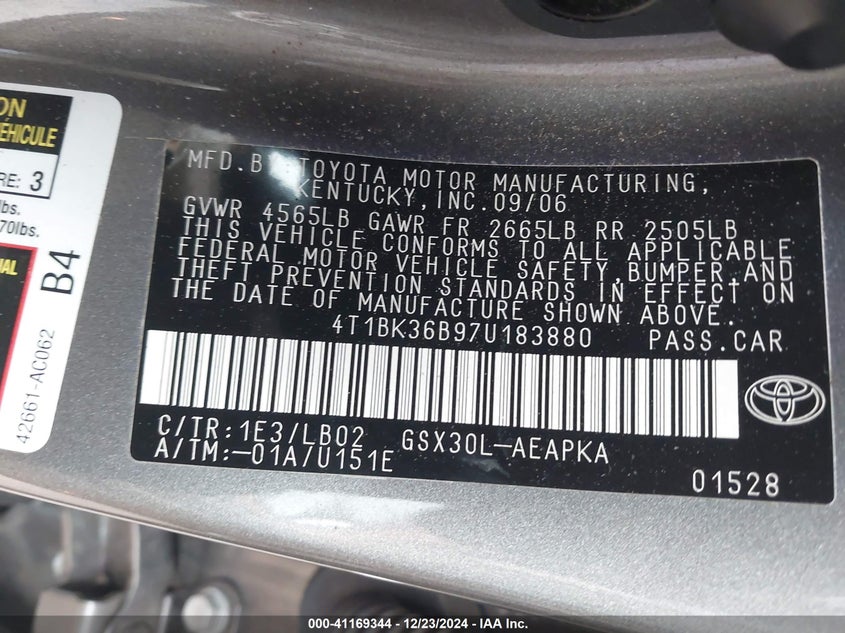 2007 TOYOTA AVALON VIN: 4T1BK36B97U183880