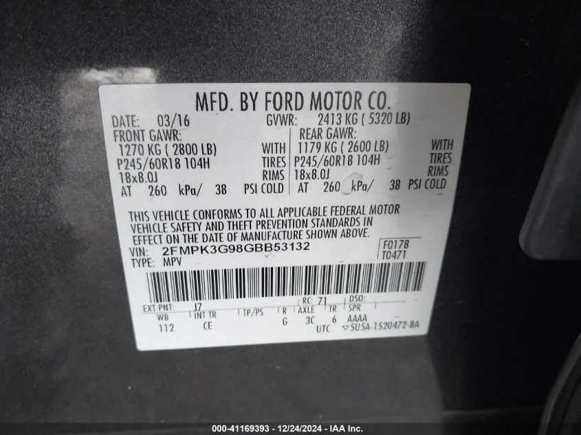 VIN 2FMPK3G98GBB53132 2016 FORD EDGE no.9