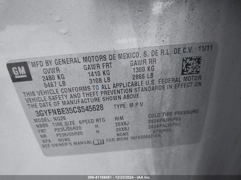 2012 Cadillac Srx Performance Collection VIN: 3GYFNBE35CS545628 Lot: 41169451