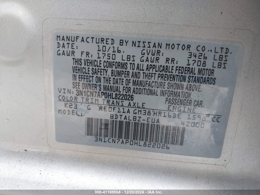 2017 NISSAN VERSA 1.6 SV - 3N1CN7AP0HL822026