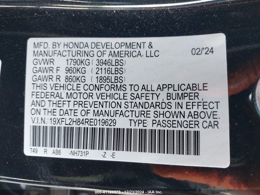2024 HONDA CIVIC VIN: 19XFL2H84RE019629