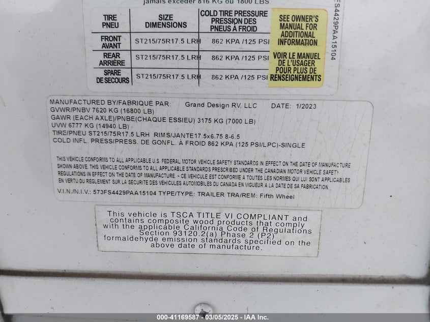 2023 GRAND DESIGN OTHER(VIN: 573FS4429PAA15104