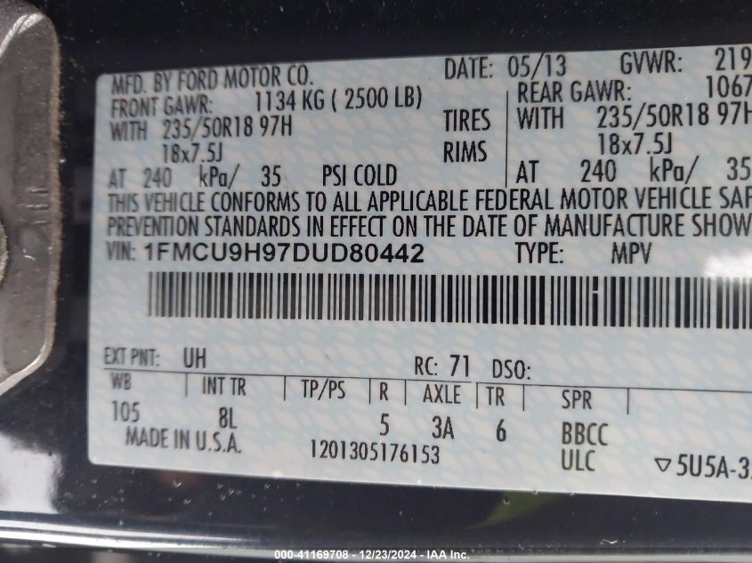 VIN 1FMCU9H97DUD80442 2013 Ford Escape, Sel no.9