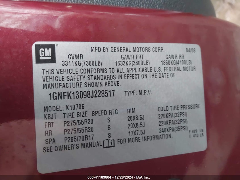 2008 CHEVROLET TAHOE VIN: 1GNFK13098J228517