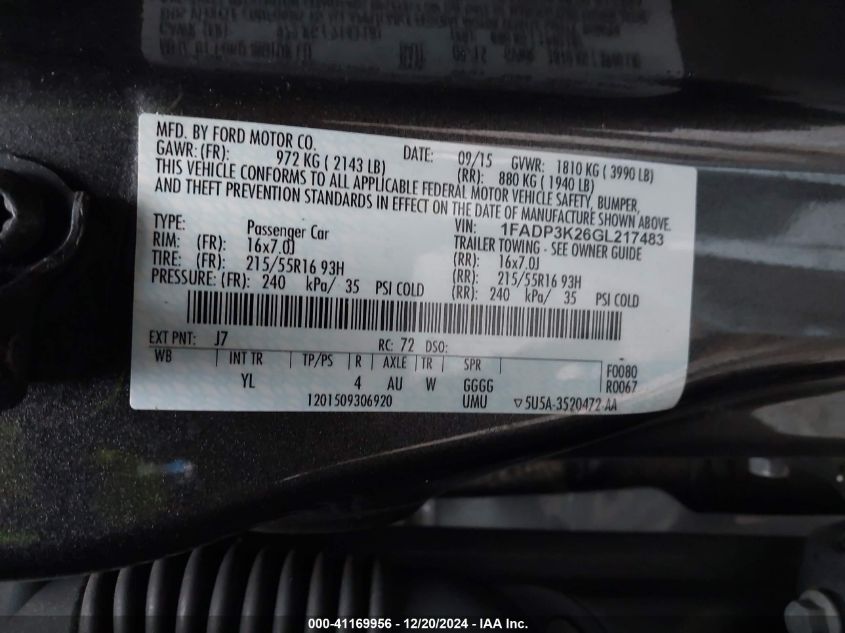 VIN 1FADP3K26GL217483 2016 Ford Focus, SE no.9