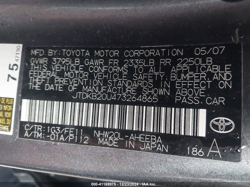 2007 TOYOTA PRIUS VIN: JTDKB20U473264865
