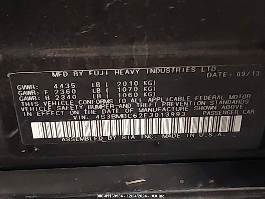 2014 SUBARU LEGACY VIN: 4S3BMBC62E3013993