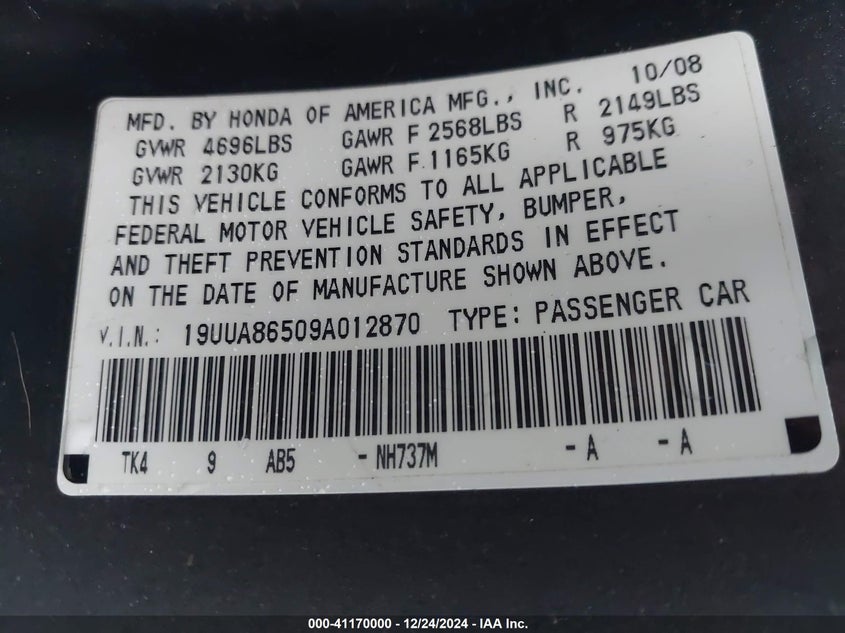 2009 ACURA TL VIN: 19UUA86509A012870