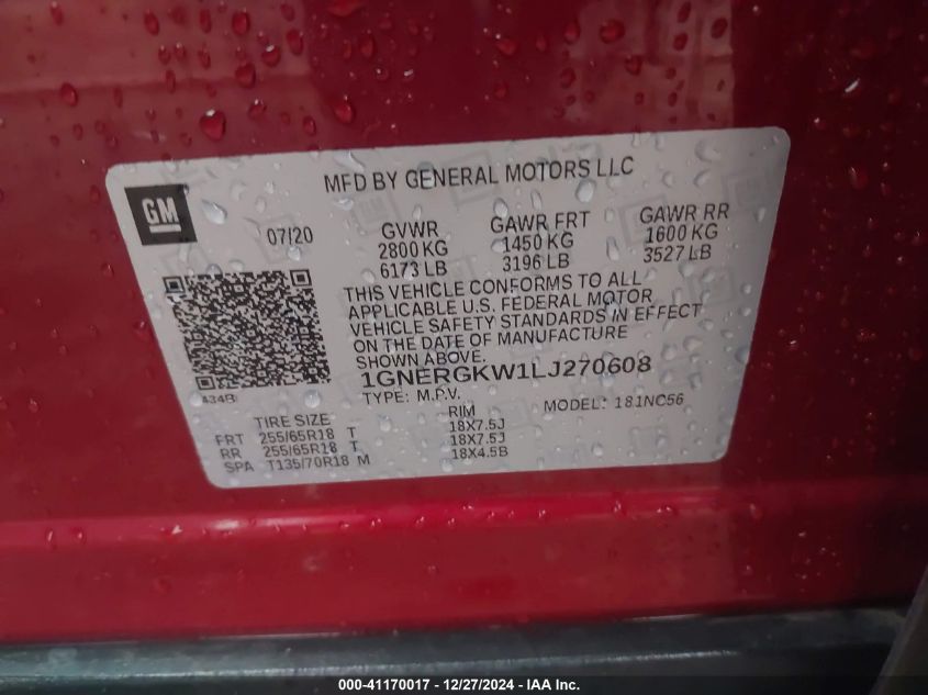 2020 Chevrolet Traverse Fwd Lt Cloth VIN: 1GNERGKW1LJ270608 Lot: 41170017