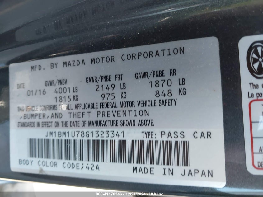 2016 MAZDA MAZDA3 VIN: JM1BM1U78G1323341