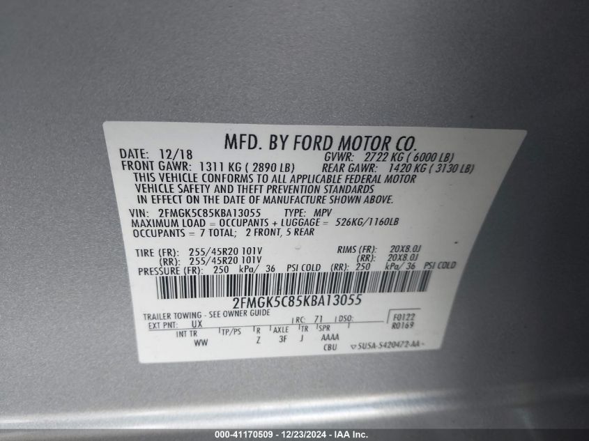 VIN 2FMGK5C85KBA13055 2019 FORD FLEX no.9