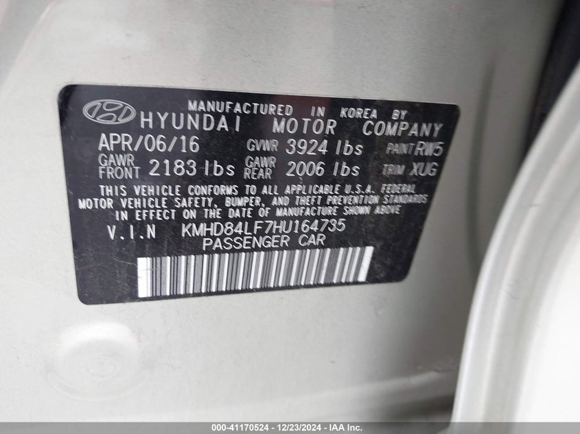 2017 HYUNDAI ELANTRA VIN: KMHD84LF7HU164735