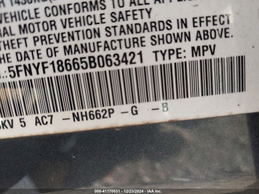 2005 Honda Pilot Ex-L VIN: 5FNYF18665B063421 Lot: 41170531