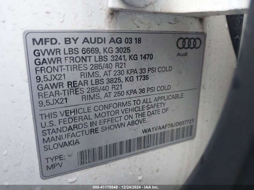 VIN WA1VAAF78JD037721 2018 Audi Q7, 3.0T Premium no.9