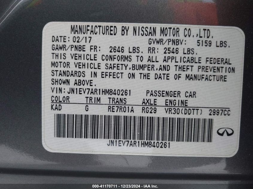 VIN JN1EV7AR1HM840261 2017 Infiniti Q50, 3.0T Signa... no.9