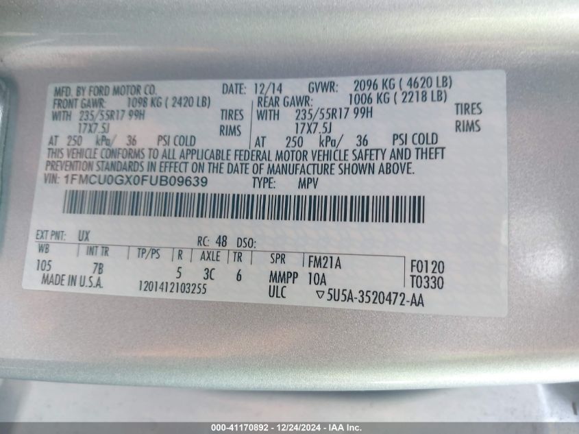 VIN 1FMCU0GX0FUB09639 2015 Ford Escape, SE no.9