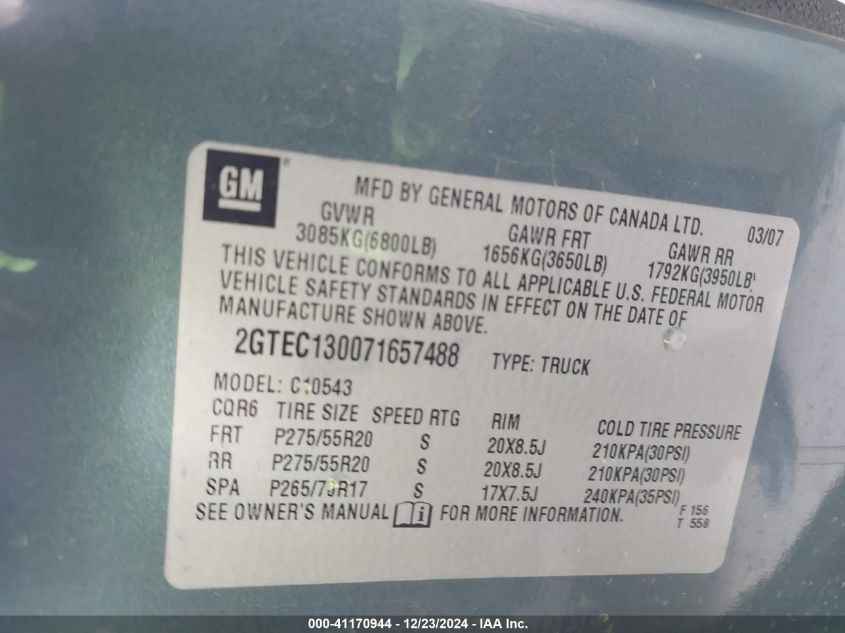 2007 GMC Sierra 1500 Sle1 VIN: 2GTEC130071657488 Lot: 41170944