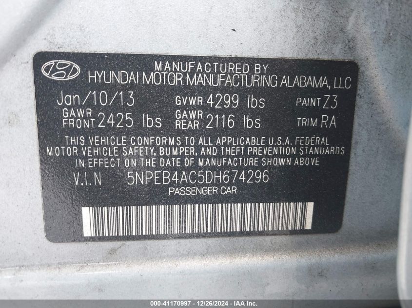 VIN 5NPEB4AC5DH674296 2013 HYUNDAI SONATA no.9