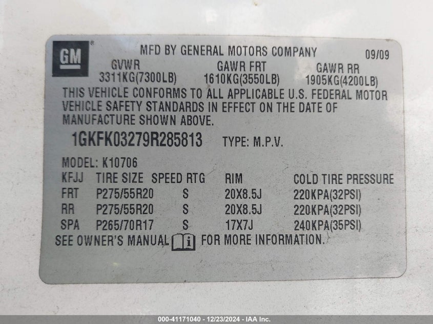 2009 GMC YUKON VIN: 1GKFK03279R285813