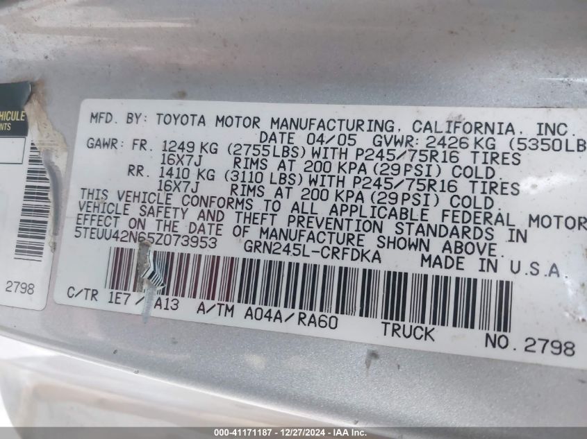 2005 Toyota Tacoma Base V6 VIN: 5TEUU42N65Z073953 Lot: 41171187