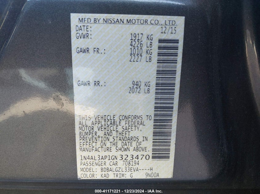 2016 NISSAN ALTIMA VIN: 1N4AL3AP1GN323470