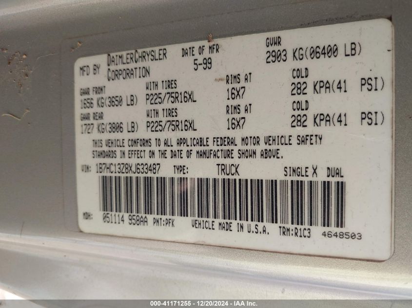 1999 Dodge Ram 1500 St VIN: 1B7HC13Z8XJ633487 Lot: 41171255