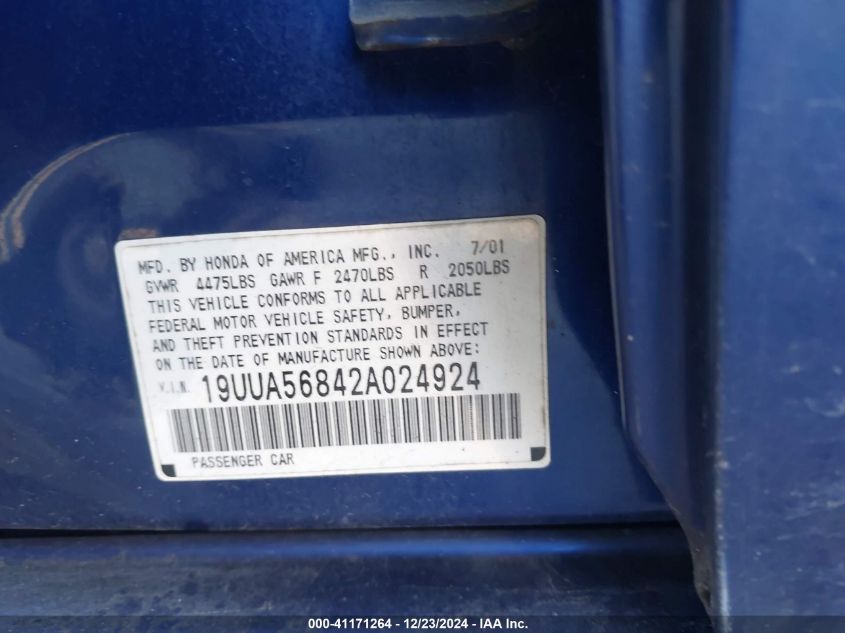 2002 Acura Tl 3.2 Type S VIN: 19UUA56872A224924 Lot: 41171264