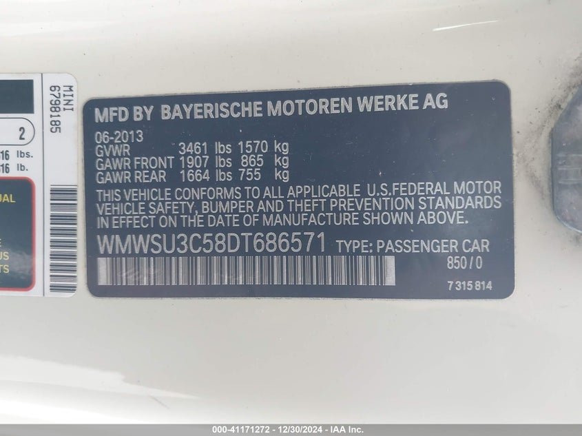 2013 Mini Hardtop Cooper VIN: WMWSU3C58DT686571 Lot: 41171272