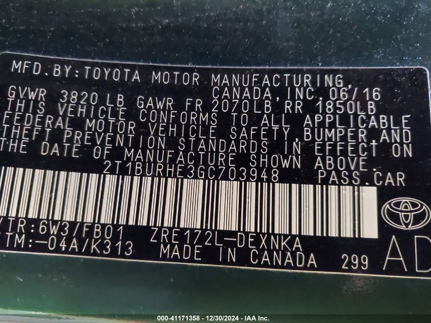 2016 Toyota Corolla Le VIN: 2T1BURHE3GC703948 Lot: 41171358