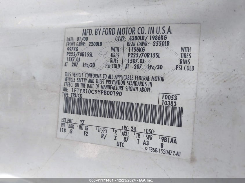 2000 Ford Ranger Xl/Xlt VIN: 1FTYR10C9YPB00190 Lot: 41171461