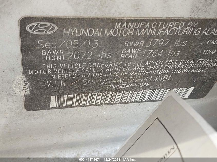 VIN 5NPDH4AE0DH413881 2013 HYUNDAI ELANTRA no.9