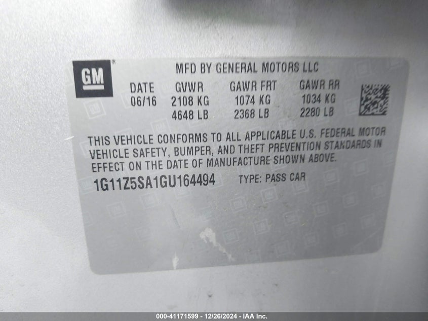 2016 CHEVROLET IMPALA VIN: 1G11Z5SA1GU164494