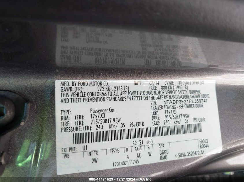 VIN 1FADP3F21EL359747 2014 Ford Focus, SE no.9