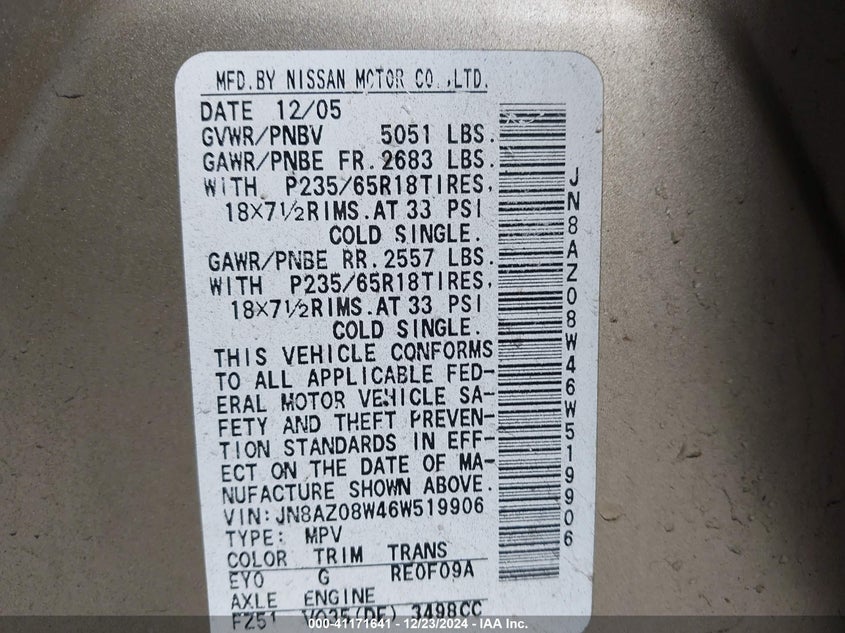 2006 NISSAN MURANO VIN: JN8AZ08W46W519906