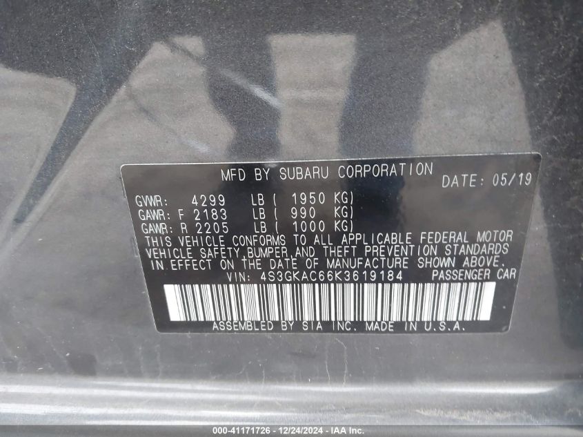 VIN 4S3GKAC66K3619184 2019 SUBARU IMPREZA no.9