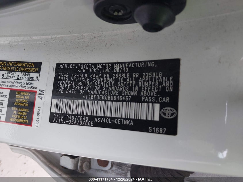 2011 TOYOTA CAMRY VIN: 4T1BF3EK0BU616467