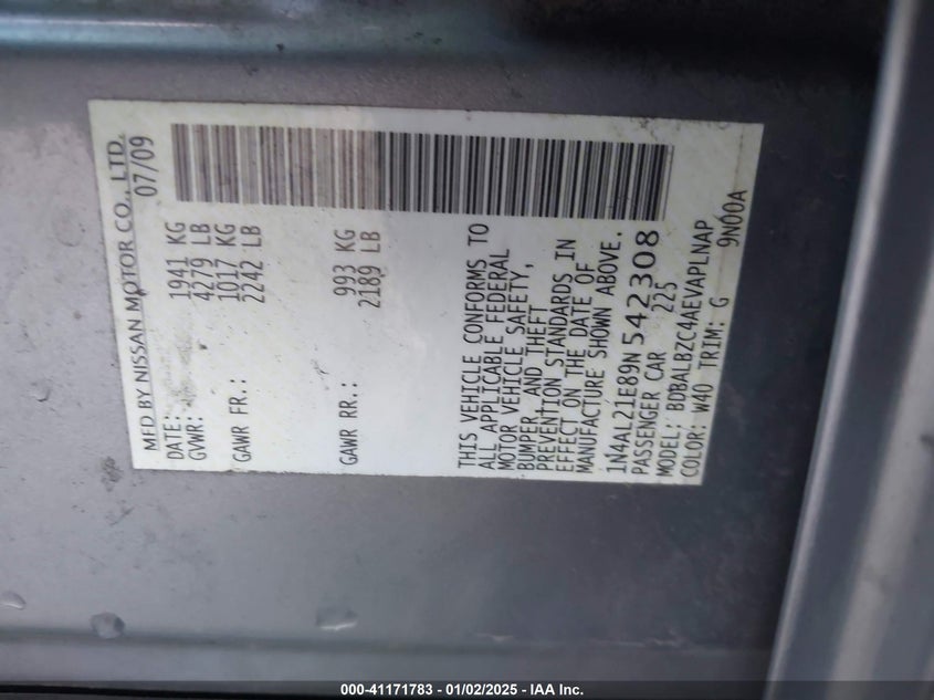 2009 NISSAN ALTIMA VIN: 1N4AL21E89N542308