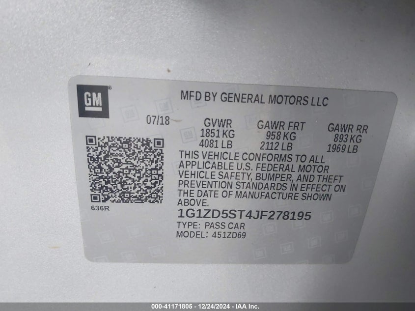 2018 CHEVROLET MALIBU VIN: 1G1ZD5ST4JF278195